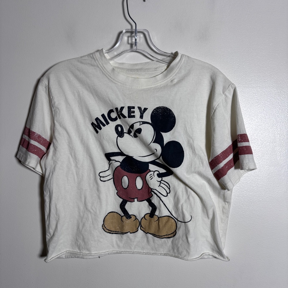 Disney Mickey Mouse T-Shirt Womens‎ Small White Red Striped Cropped Graphic Tee